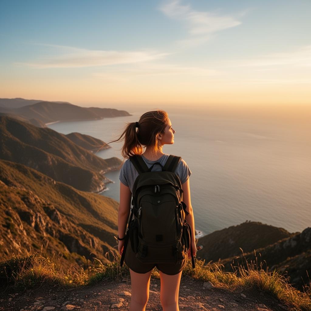 Young traveler overlooking a coastal landscape at sunset